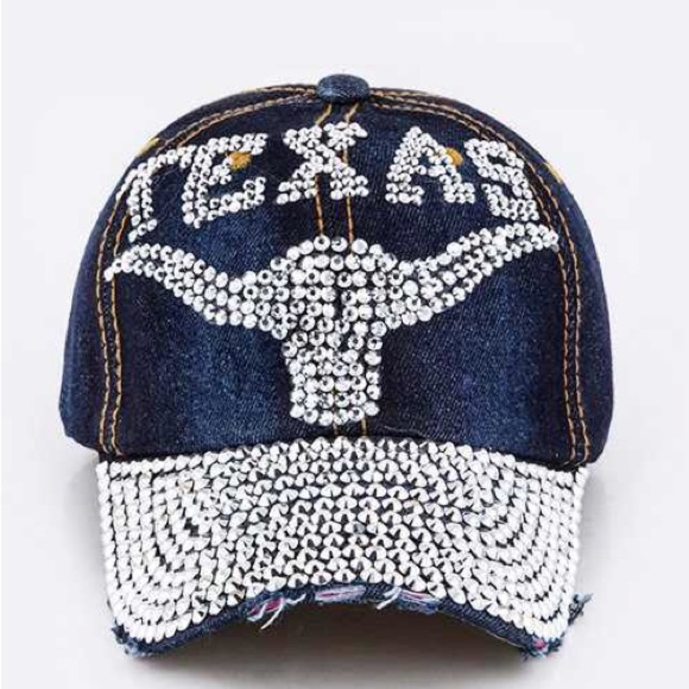 Denim Blue Texas Baseball Cap with Rhinestones